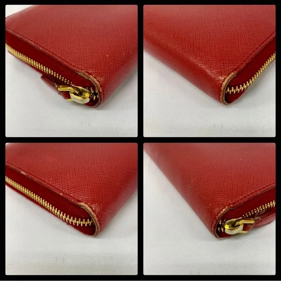 Auth PRADA Bundle Long Wallet Saffiano Shine Fuoco Red Leather, Box & Card - Picture 10 of 12